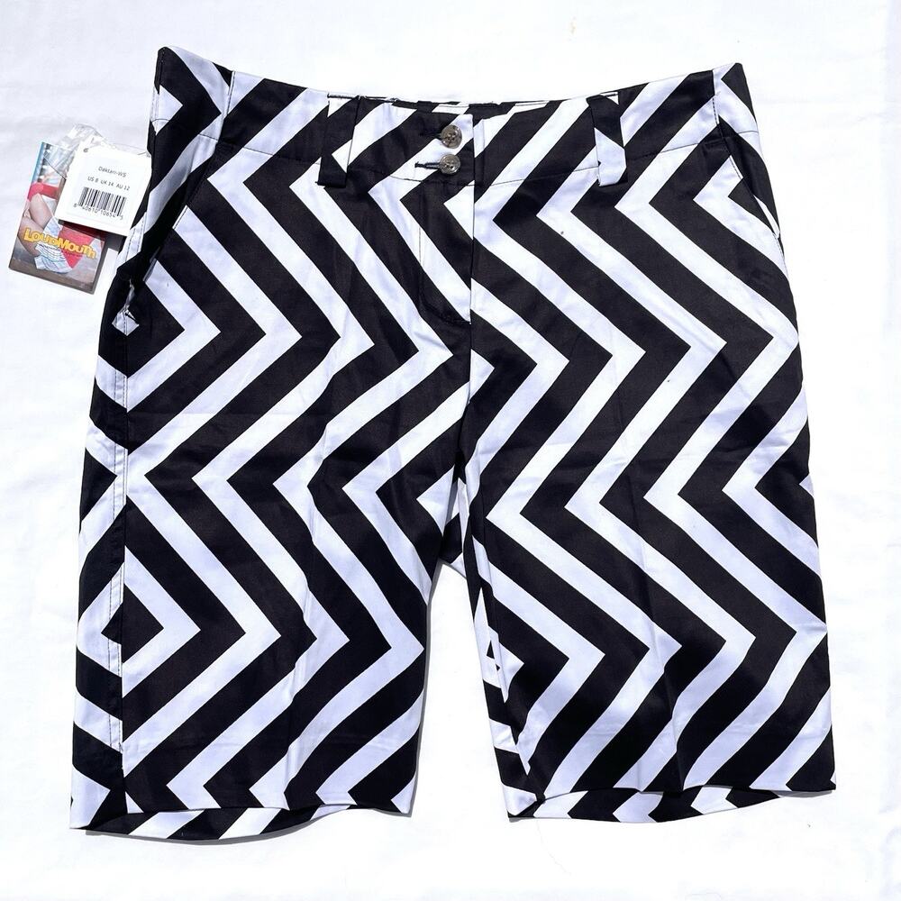Loudmouth Ladies Bermuda Golf Shorts Womens US 8 Daktari Chevron Print Black